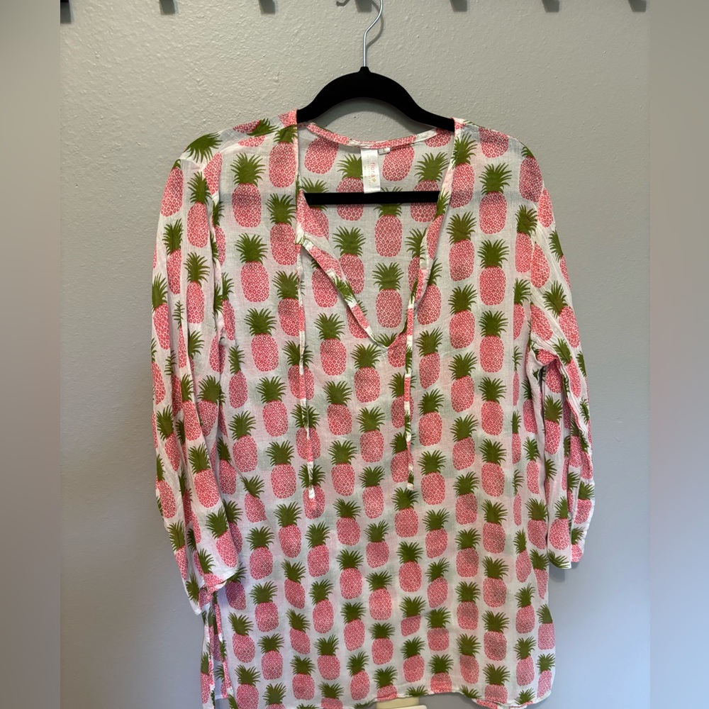 RockFlowerPaper white Pineapple print Tunic Swim Coverup Large 100% Cotton Boho